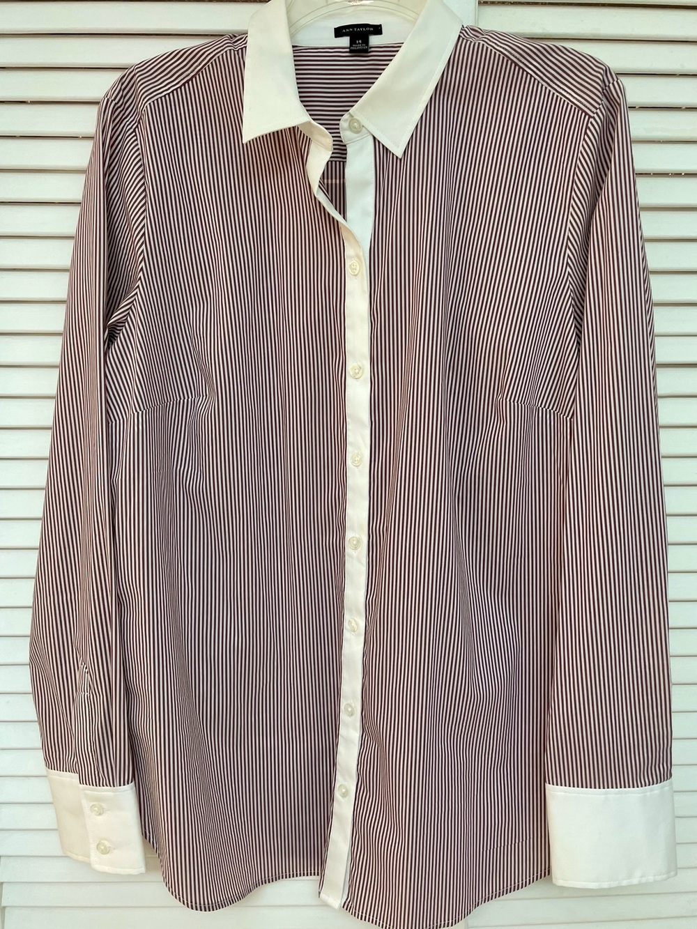 Ann Taylor Women’s Burgundy and White Pinstripe Dress Shirt